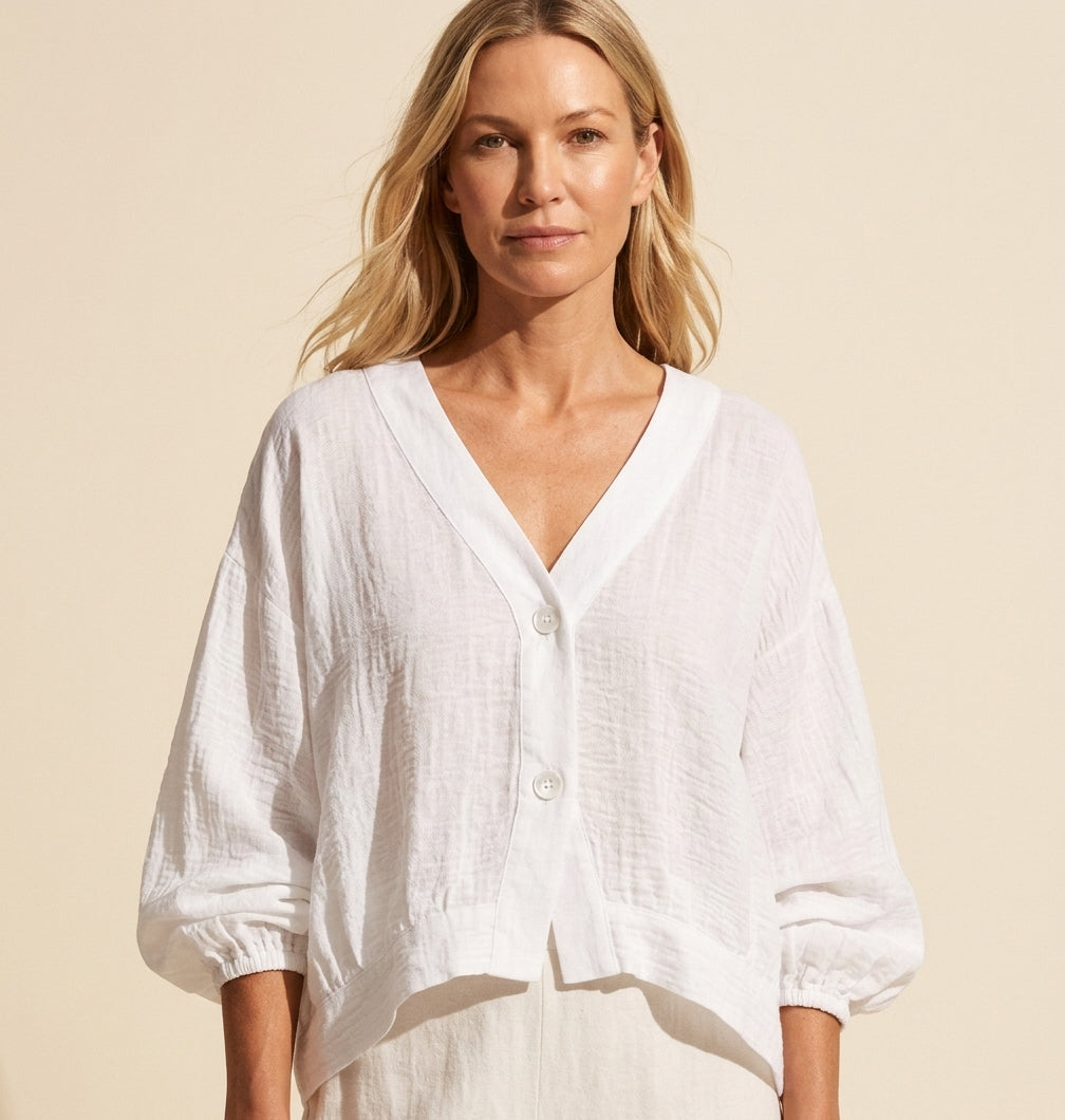 Eliana Women's Linen Blend Blouse | Summer V-Neck Top — White