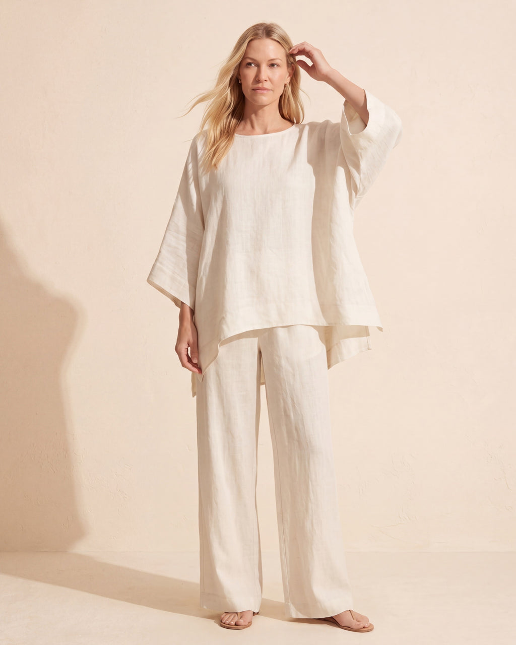 Women's Linen Two Piece Set - Relaxed Cotton Blend Outfit — White
