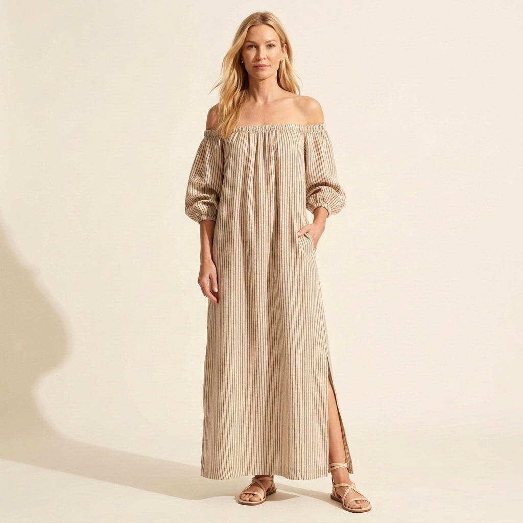 Boho Striped Off-Shoulder Maxi Dress with Puff Sleeves — Yellow