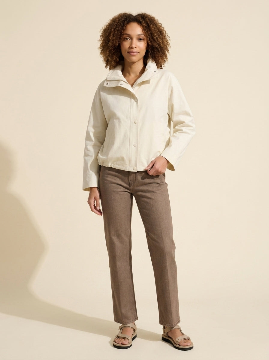 Cream Two-Way Zip Collared Jacket - Mid-Weight Cotton Blend — Curly Hair