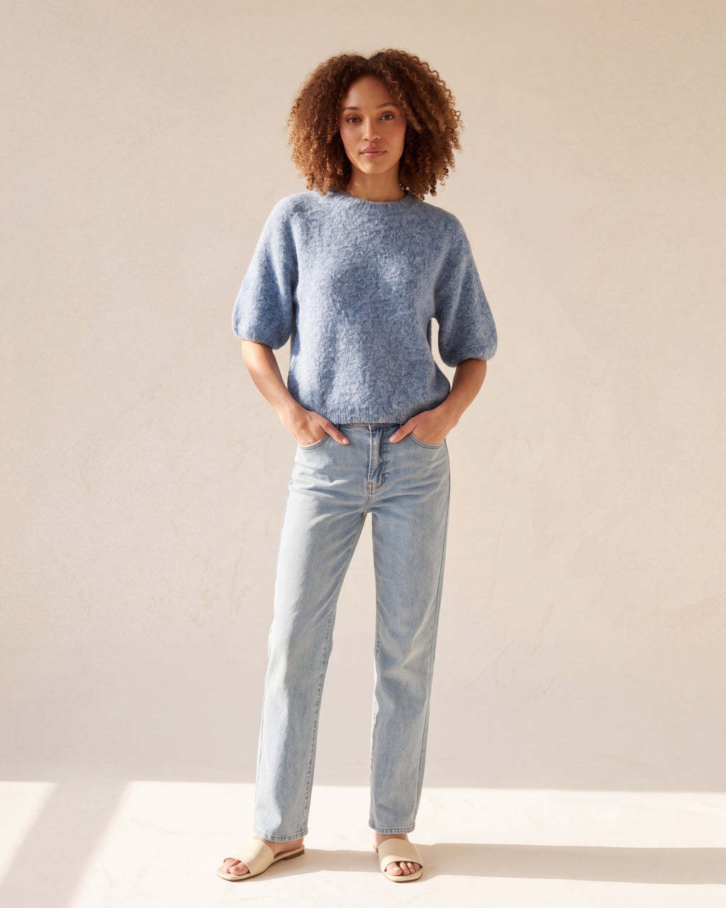 Cozy Heather Denim Balloon Sleeve Knit Sweater — Curly Hair