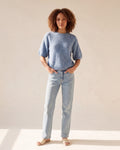 Cozy Heather Denim Balloon Sleeve Knit Sweater — Curly Hair