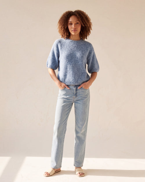 Cozy Heather Denim Balloon Sleeve Knit Sweater — Curly Hair