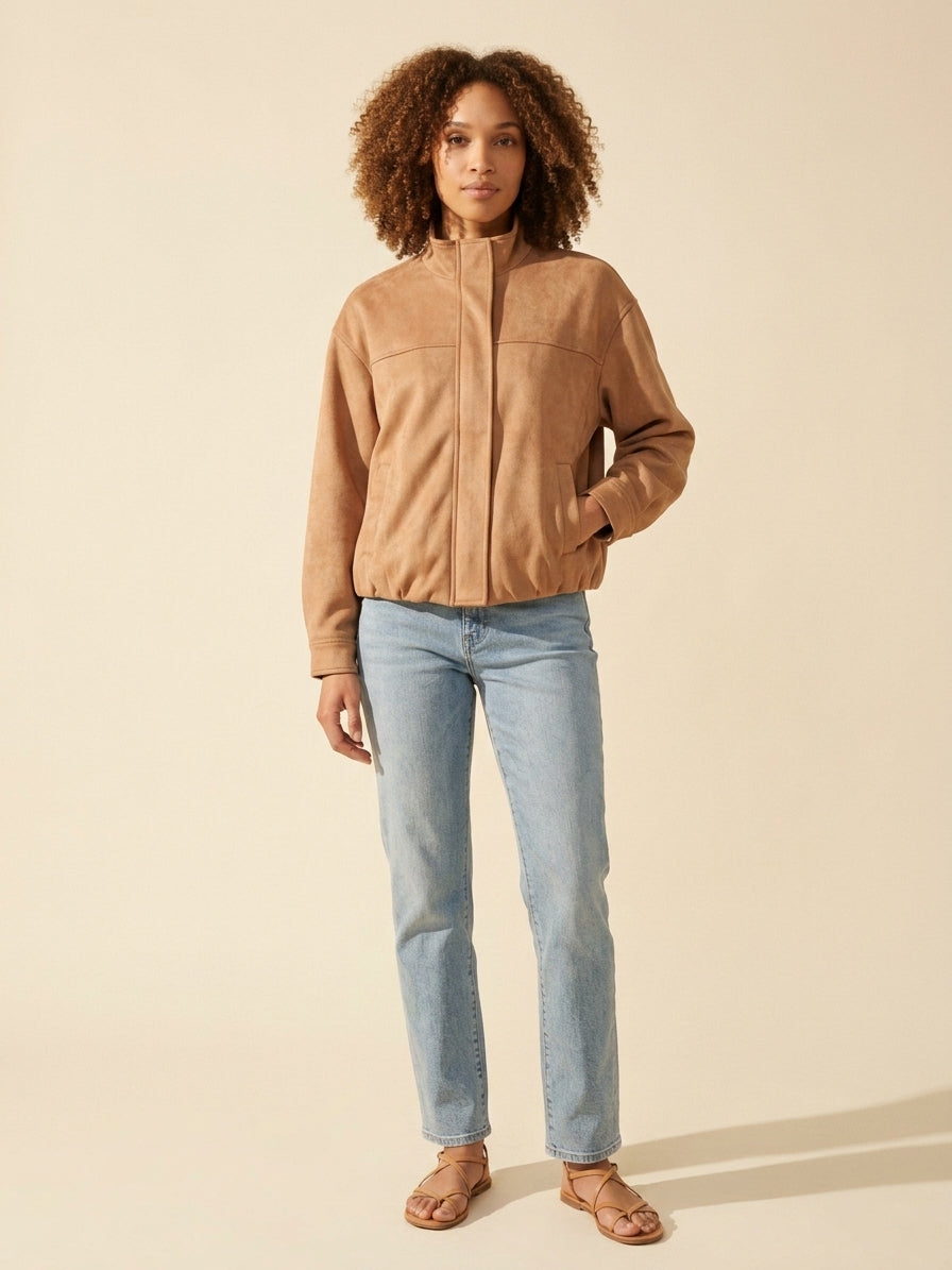 Latte Faux Suede Bomber Jacket - Women's Chic Outerwear — Curly Hair