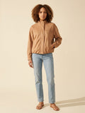 Latte Faux Suede Bomber Jacket - Women's Chic Outerwear — Curly Hair