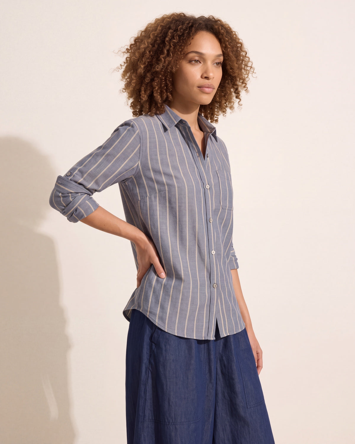 Women's Dobby Stripe Button-Front Shirt – Effortless Style — Curly Hair