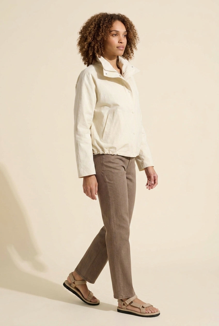 Cream Two-Way Zip Collared Jacket - Mid-Weight Cotton Blend — Curly Hair