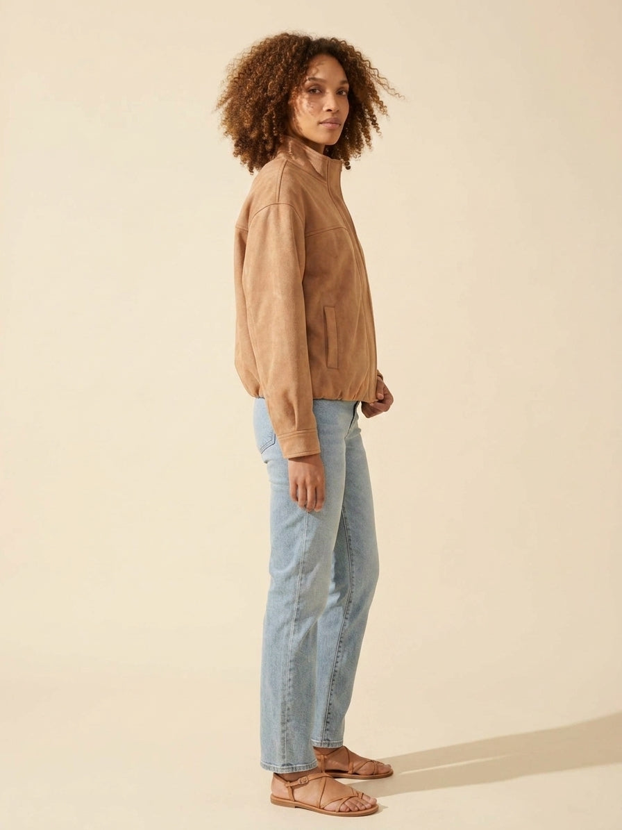 Latte Faux Suede Bomber Jacket - Women's Chic Outerwear — Curly Hair