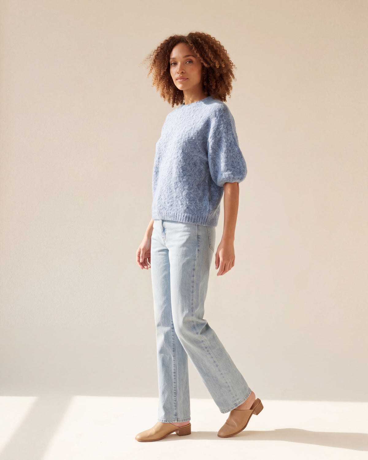 Cozy Heather Denim Balloon Sleeve Knit Sweater — Curly Hair