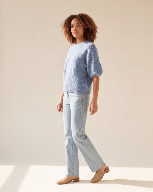 Cozy Heather Denim Balloon Sleeve Knit Sweater — Curly Hair