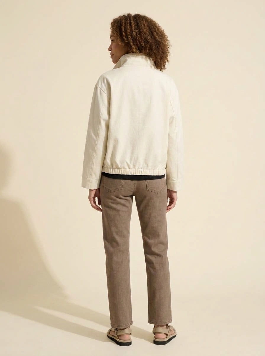Cream Two-Way Zip Collared Jacket - Mid-Weight Cotton Blend — Curly Hair