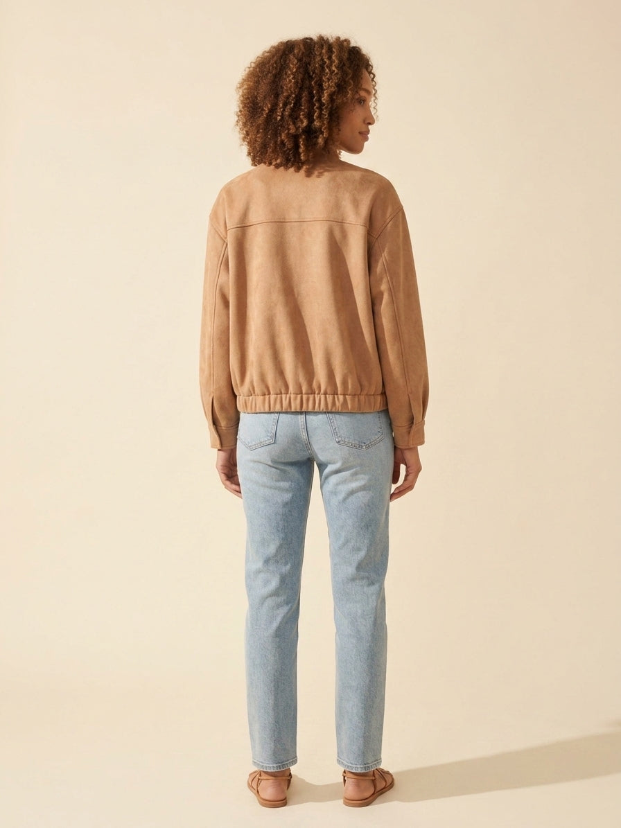 Latte Faux Suede Bomber Jacket - Women's Chic Outerwear — Curly Hair