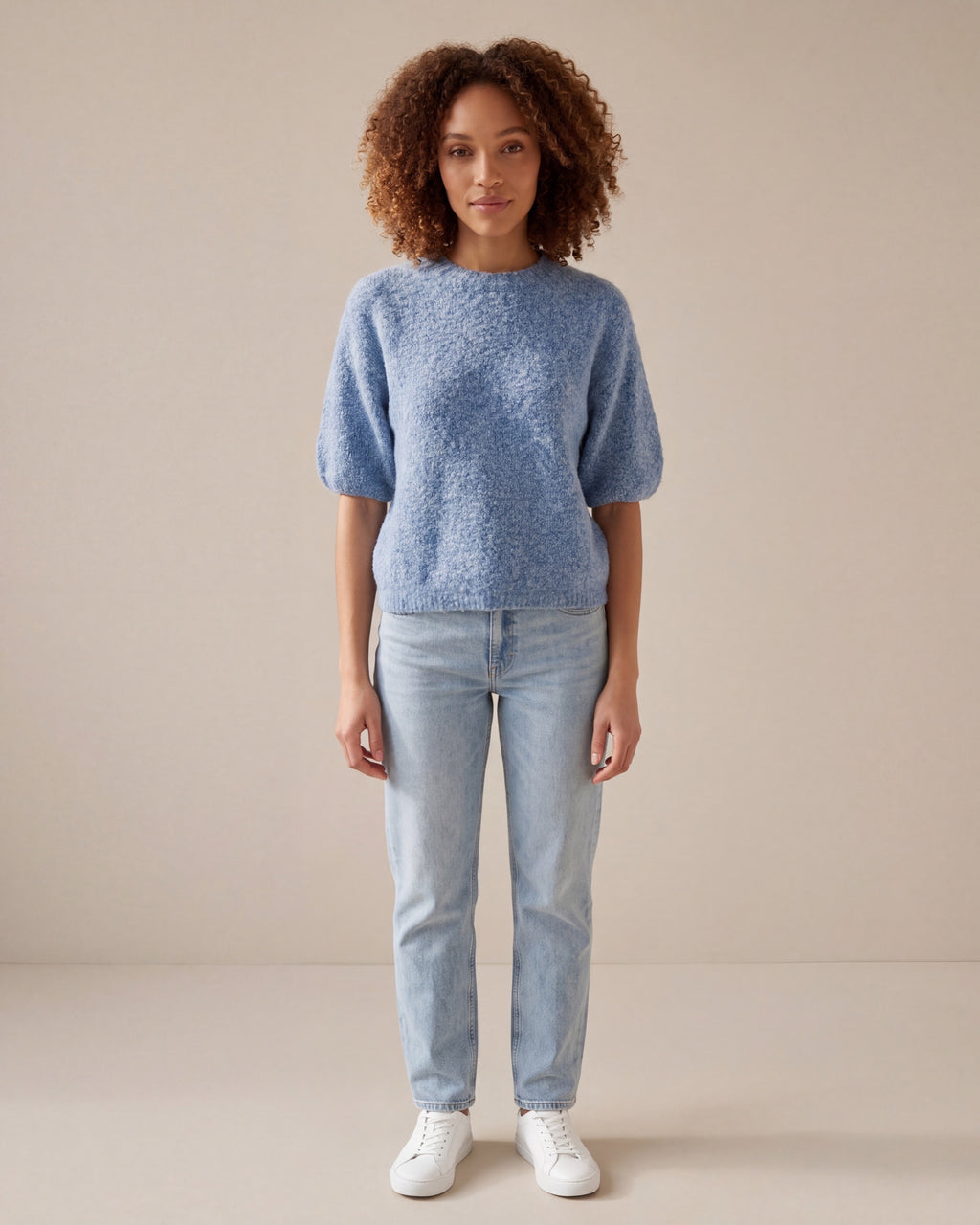 Cozy Heather Denim Balloon Sleeve Knit Sweater — Curly Hair