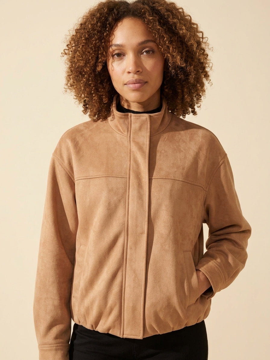 Latte Faux Suede Bomber Jacket - Women's Chic Outerwear — Curly Hair