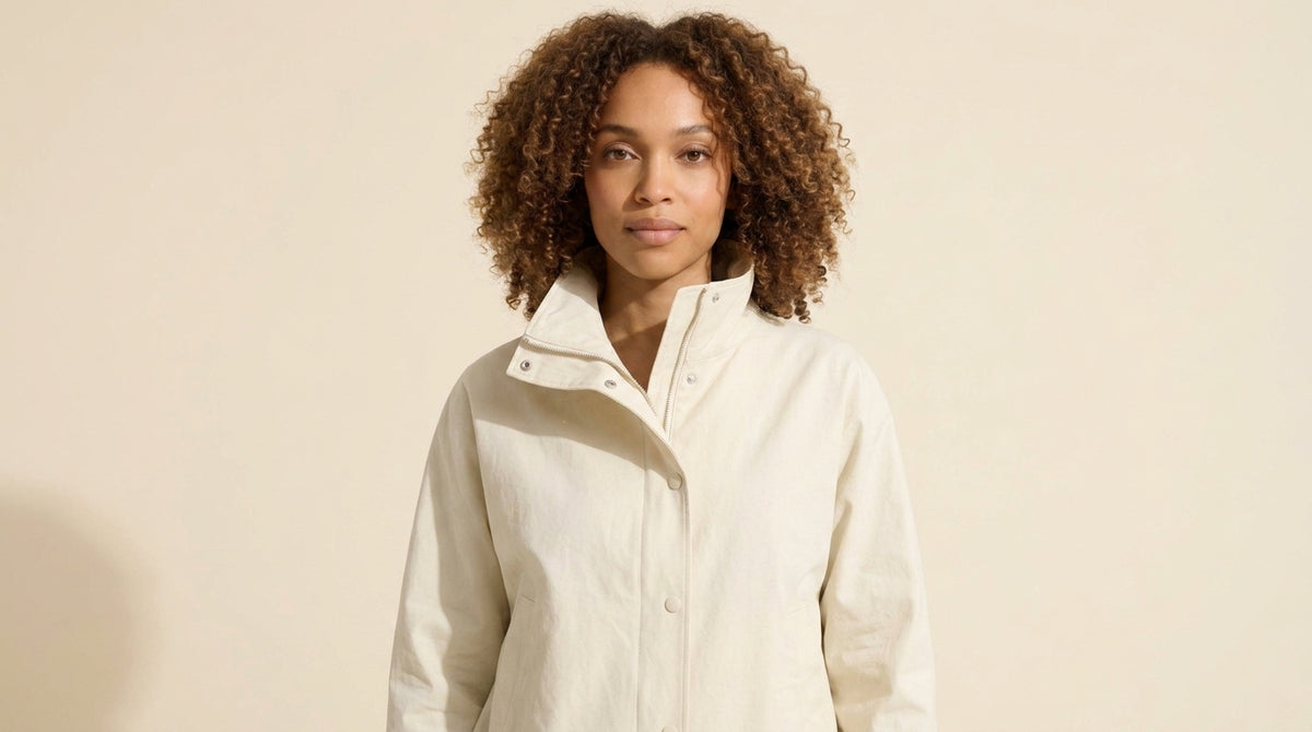 Cream Two-Way Zip Collared Jacket - Mid-Weight Cotton Blend — Curly Hair