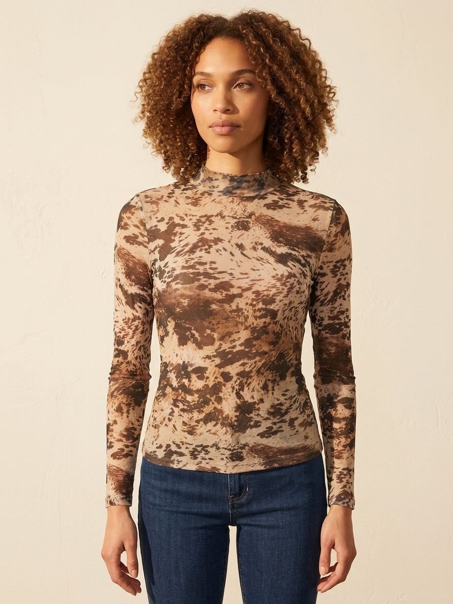 Earthy Abstract Print Mesh Mock Neck Top - Slim Fit — Curly Hair