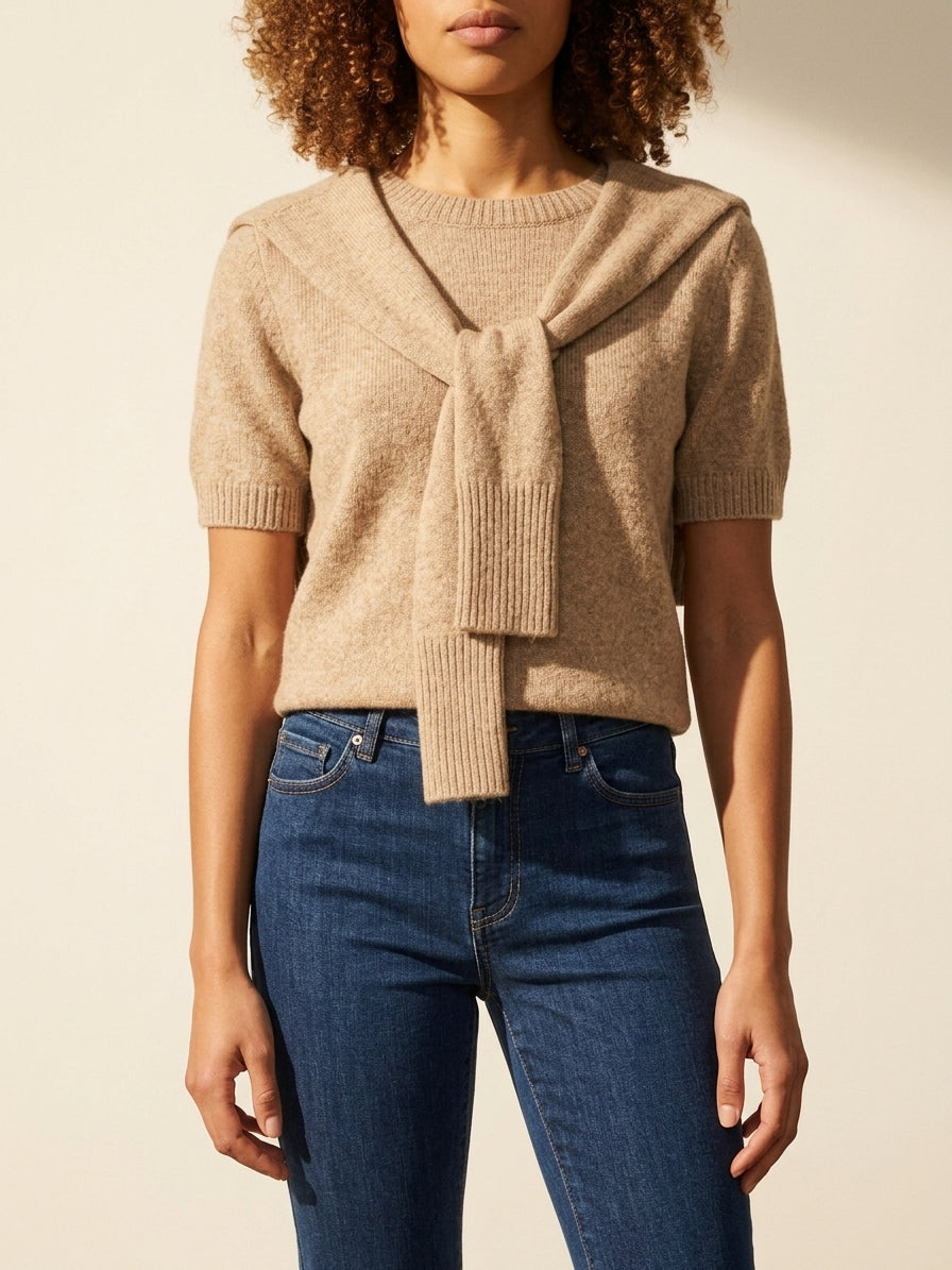 Chic Truffle Short Sleeve Sweater with Modern Layered Detail — Curly Hair