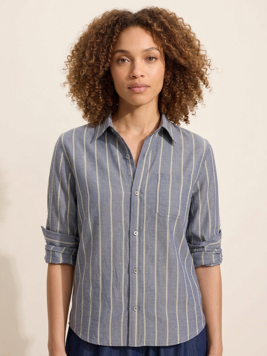 Women's Dobby Stripe Button-Front Shirt – Effortless Style — Curly Hair