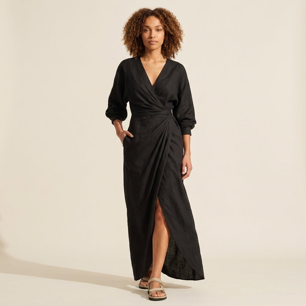 Women's V-Neck Wrap Maxi Dress - Long Sleeve Bodycon Slit — Black