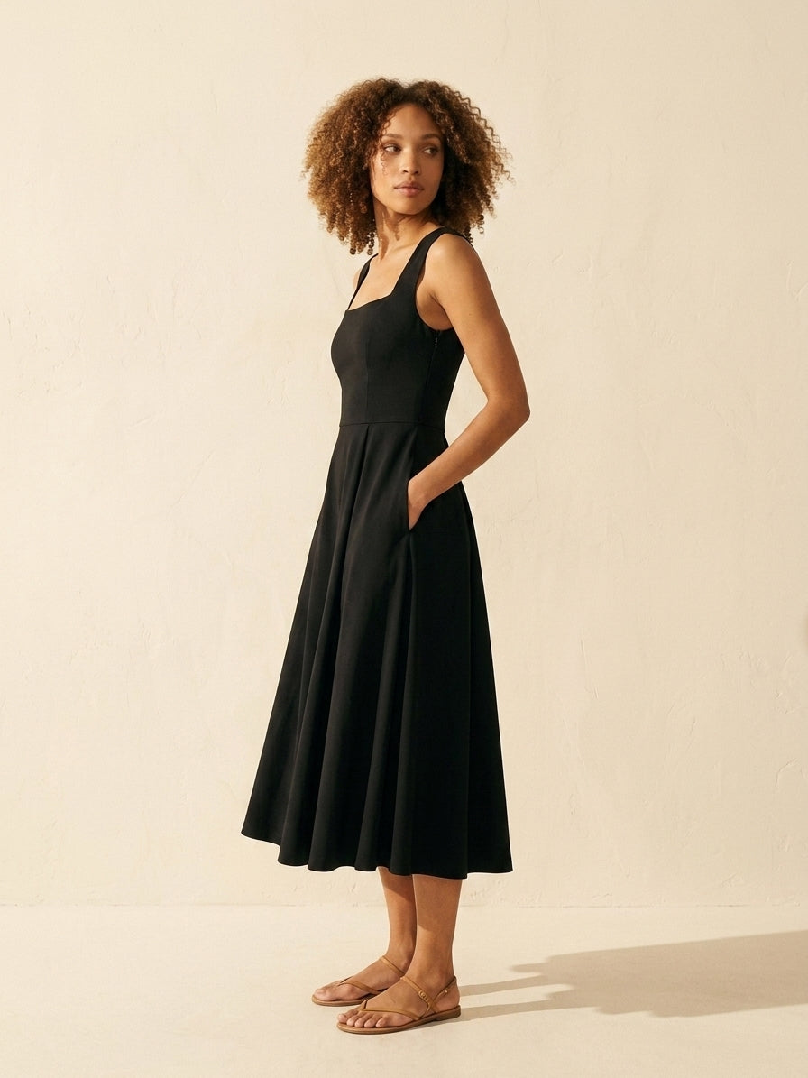 Little Black Bra Midi Dress with Pockets - Versatile Style — Black