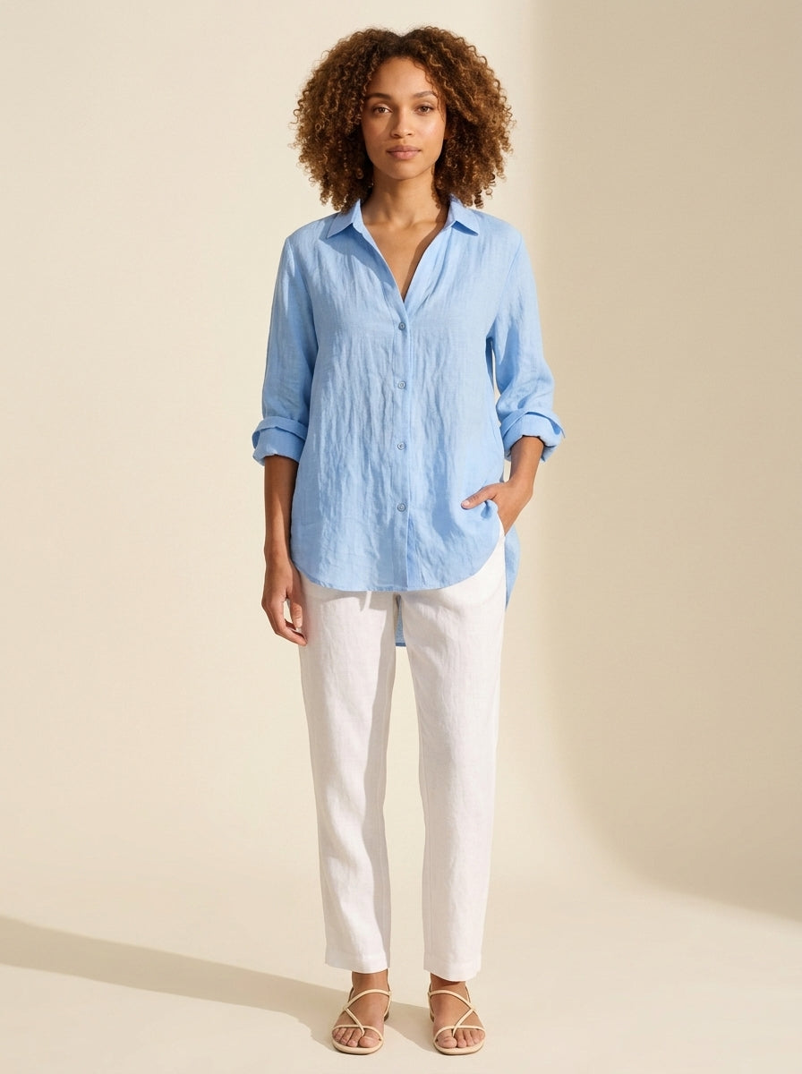 Women's Breathable Linen Blend Button Shirt - Relaxed Fit Top — Blue