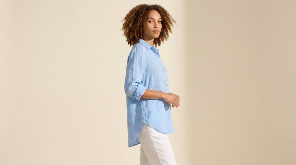 Women's Breathable Linen Blend Button Shirt - Relaxed Fit Top — Blue