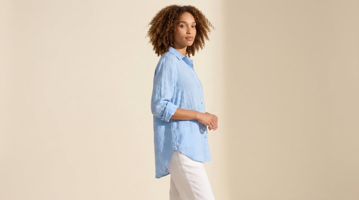 Women's Breathable Linen Blend Button Shirt - Relaxed Fit Top — Blue