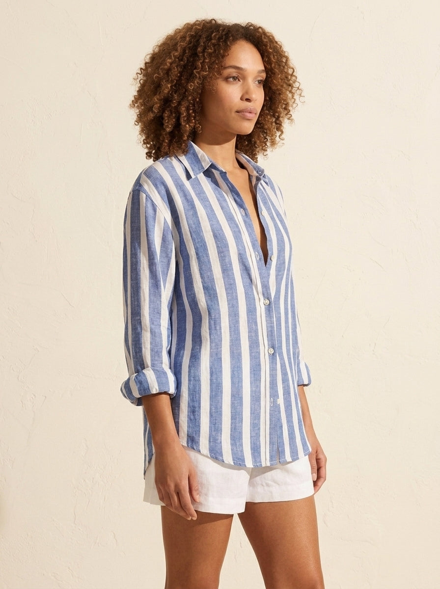 Women's Striped Long Sleeve Button-Down Blouse - Relaxed Fit — Blue