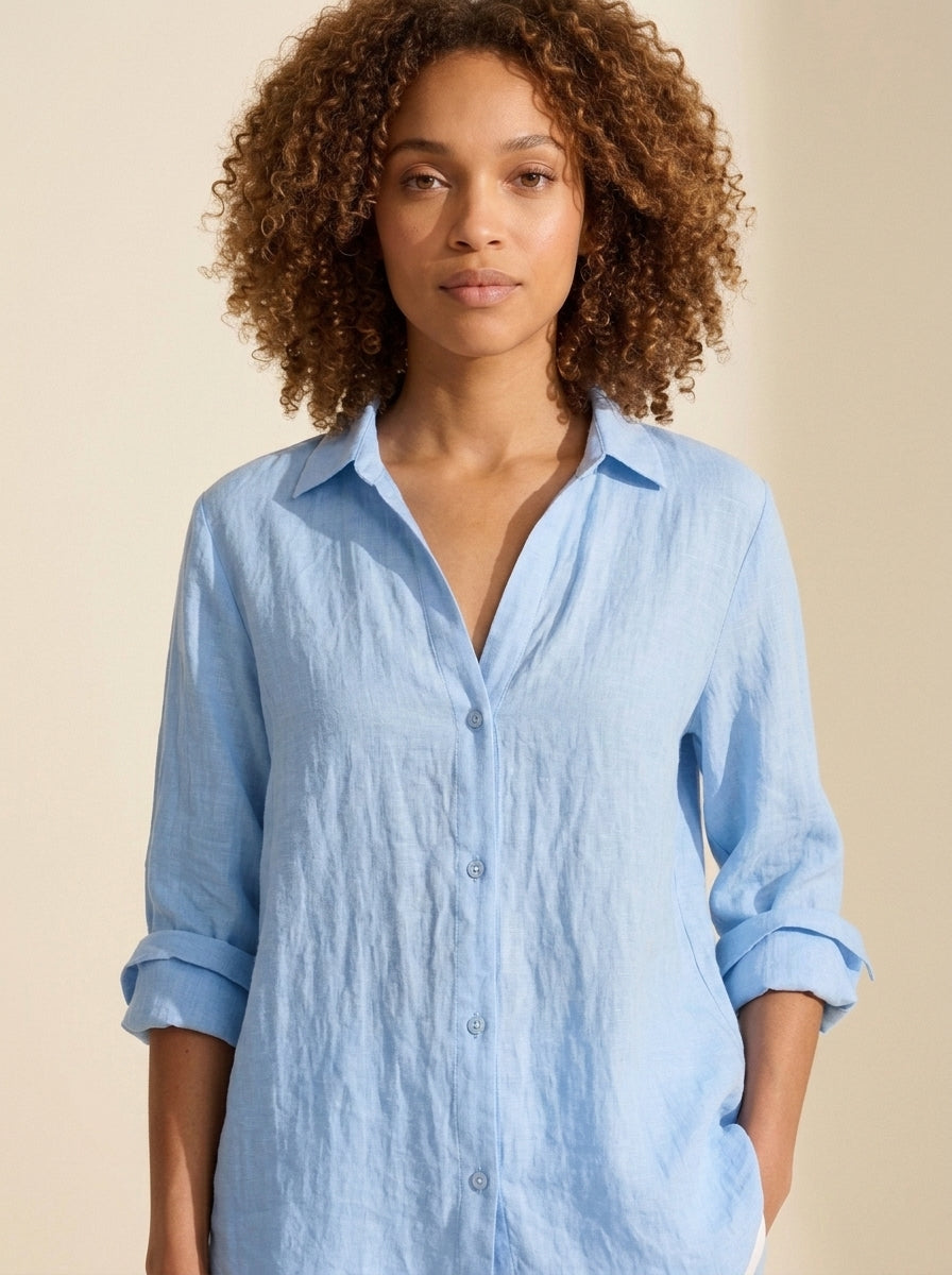 Women's Breathable Linen Blend Button Shirt - Relaxed Fit Top — Blue