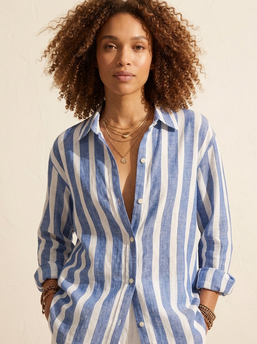 Women's Striped Long Sleeve Button-Down Blouse - Relaxed Fit — Blue