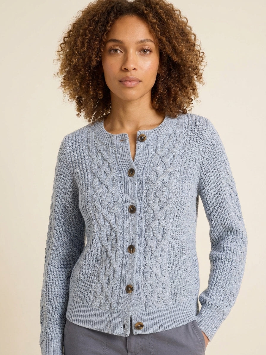 Chic Flecked Shaker Cardigan | Sculptural Knit Sweater — Blue Mix