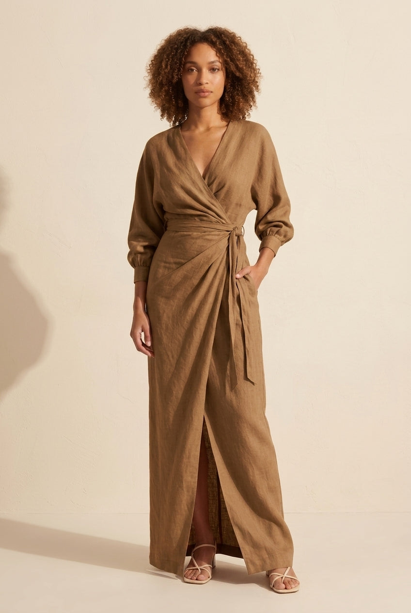 Women's V-Neck Wrap Maxi Dress - Long Sleeve Bodycon Slit — Brown