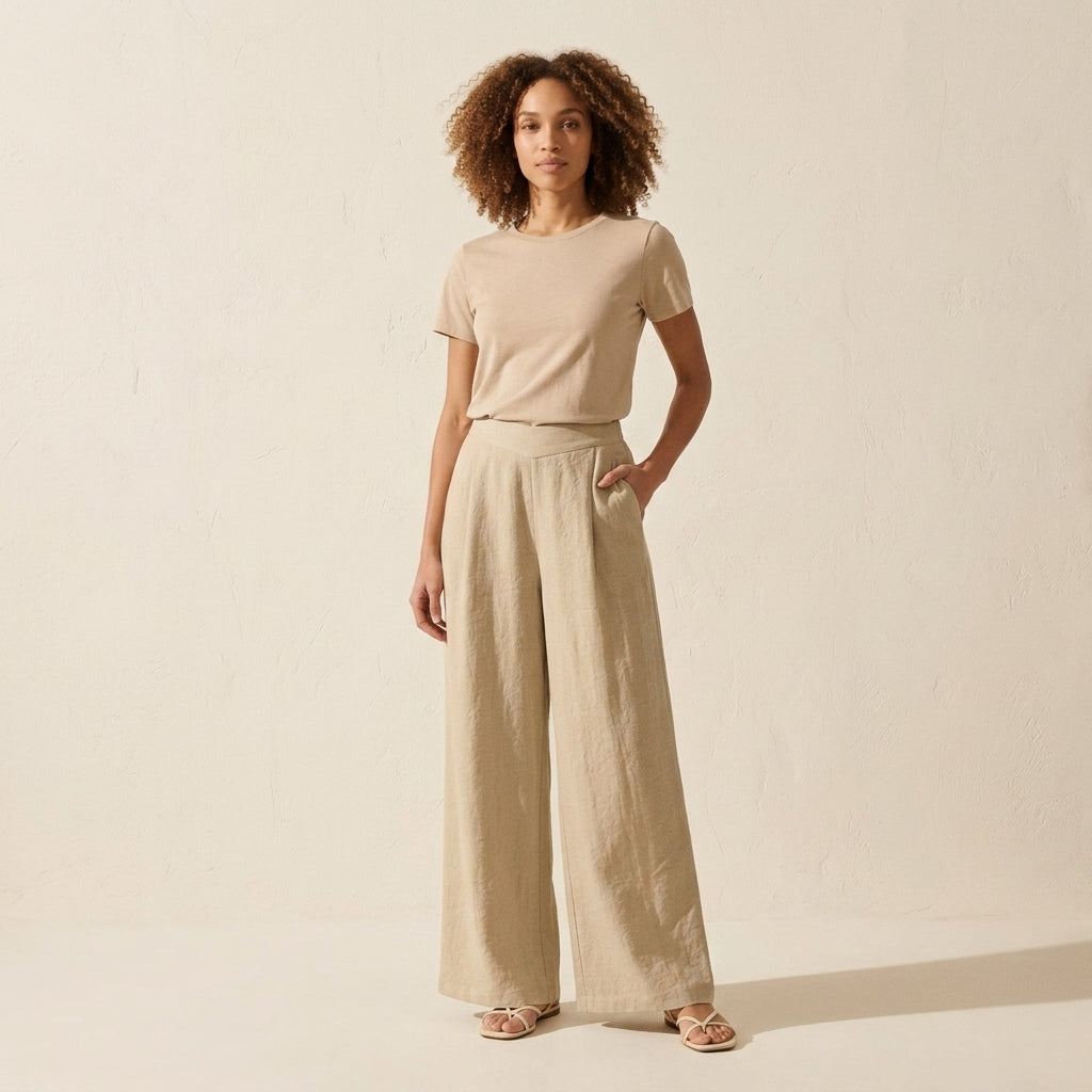 Breezy Linen-Blend Mid-Rise Wide Leg Pants with Pockets — Ecru