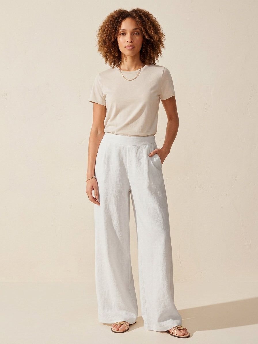 Breezy Linen-Blend Mid-Rise Wide Leg Pants with Pockets — Linen White