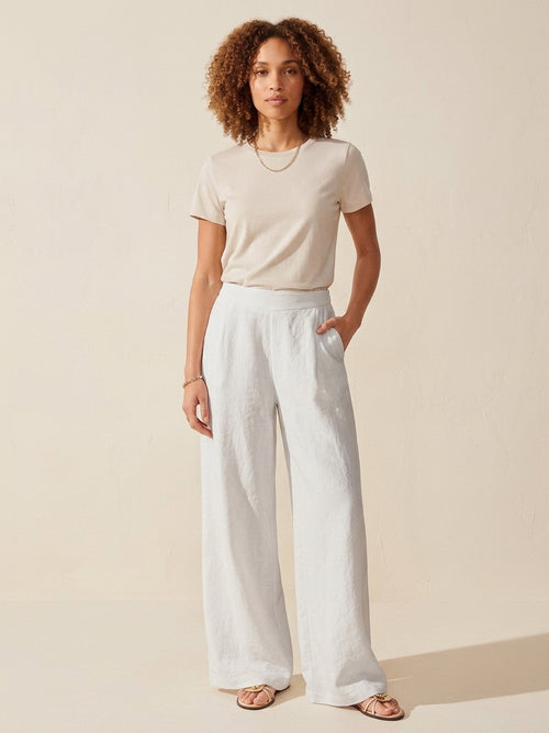 Breezy Linen-Blend Mid-Rise Wide Leg Pants with Pockets — Linen White