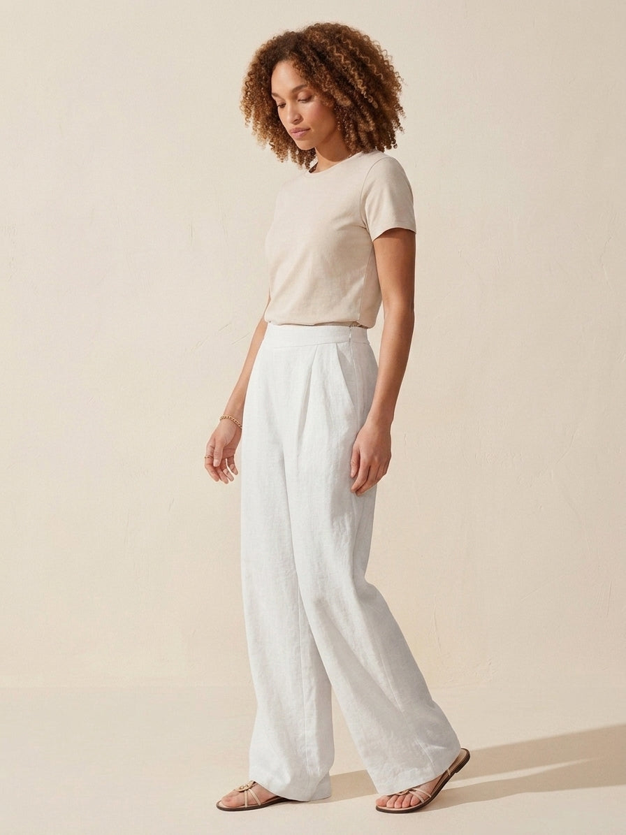 Breezy Linen-Blend Mid-Rise Wide Leg Pants with Pockets — Linen White