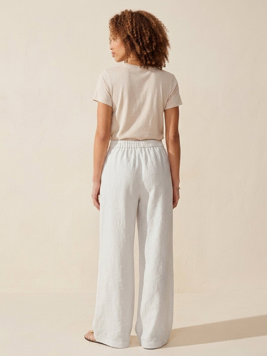 Breezy Linen-Blend Mid-Rise Wide Leg Pants with Pockets — Linen White
