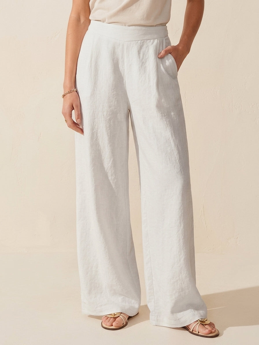 Breezy Linen-Blend Mid-Rise Wide Leg Pants with Pockets — Linen White