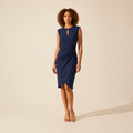 Elegant Tailored Midi Cocktail Dress for Women's Occasions — Navy Blue