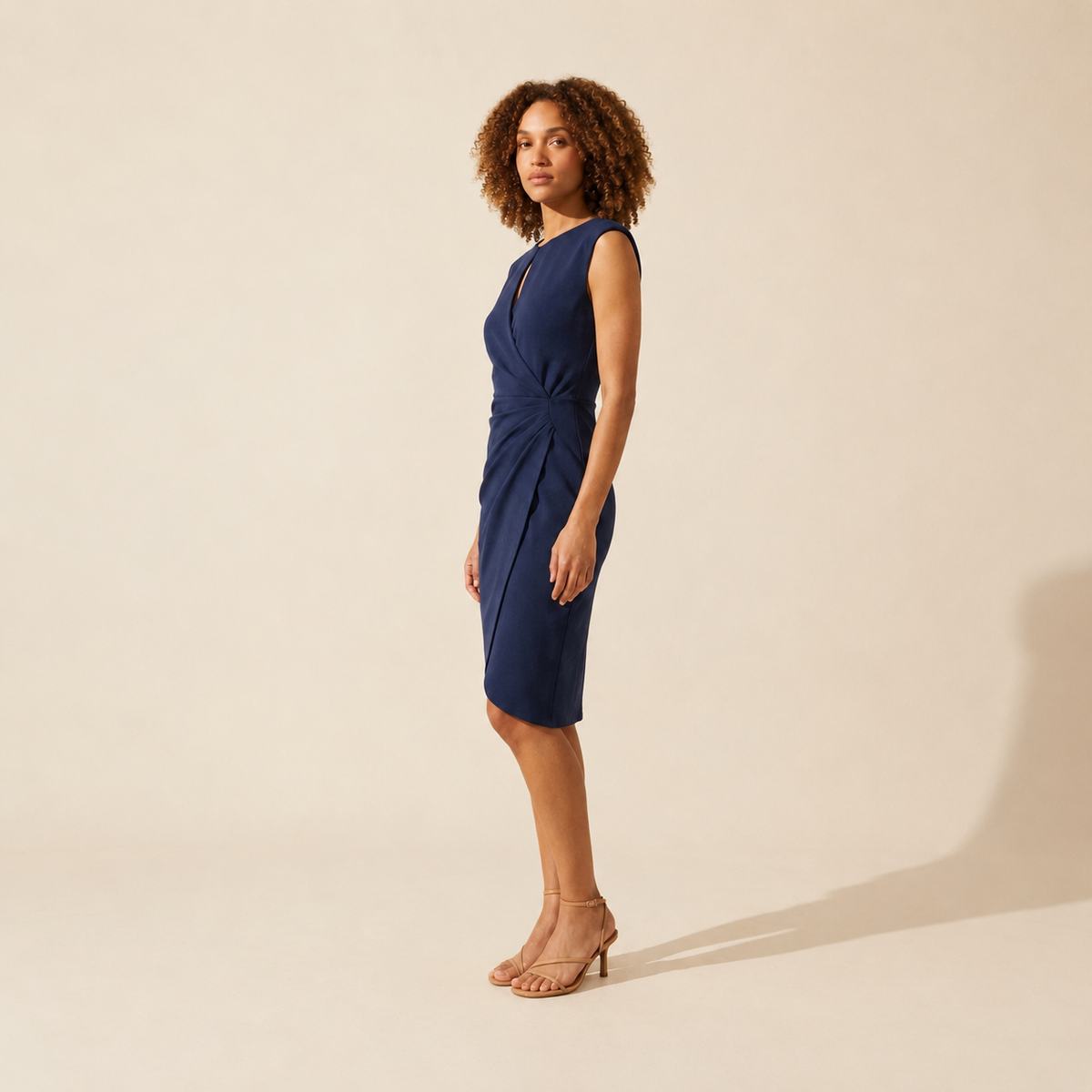 Elegant Tailored Midi Cocktail Dress for Women's Occasions — Navy Blue
