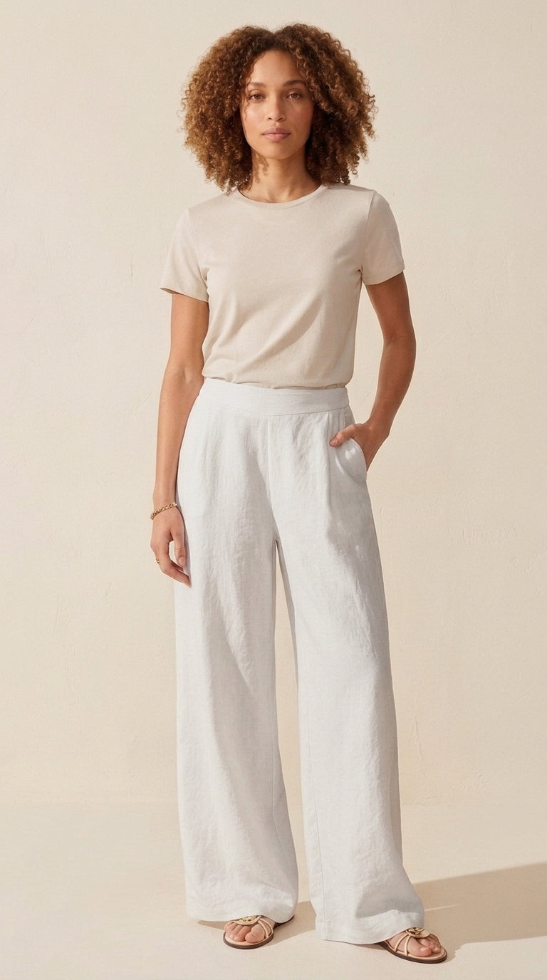 Breezy Linen-Blend Mid-Rise Wide Leg Pants with Pockets — Off White