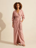 Women's V-Neck Wrap Maxi Dress - Long Sleeve Bodycon Slit — Pink