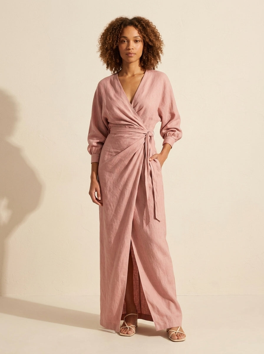 Women's V-Neck Wrap Maxi Dress - Long Sleeve Bodycon Slit — Pink