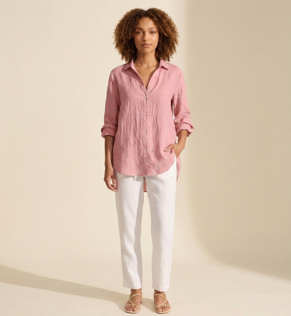 Women's Breathable Linen Blend Button Shirt - Relaxed Fit Top — Pink