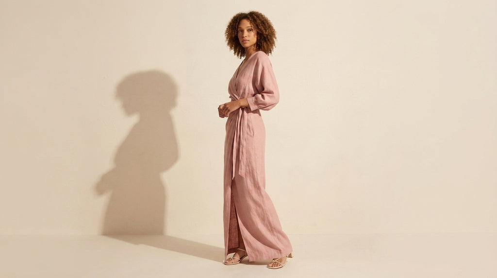 Women's V-Neck Wrap Maxi Dress - Long Sleeve Bodycon Slit — Pink