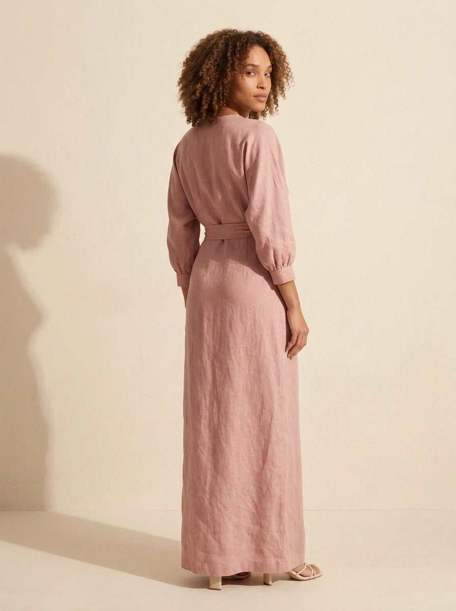 Women's V-Neck Wrap Maxi Dress - Long Sleeve Bodycon Slit — Pink