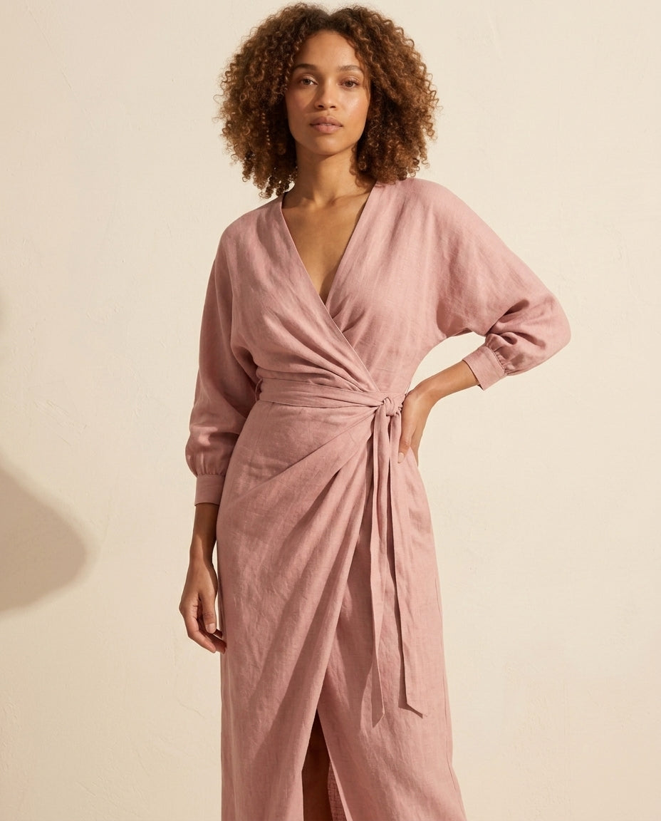 Women's V-Neck Wrap Maxi Dress - Long Sleeve Bodycon Slit — Pink