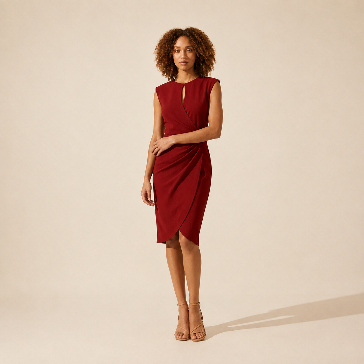Elegant Tailored Midi Cocktail Dress for Women's Occasions — Red