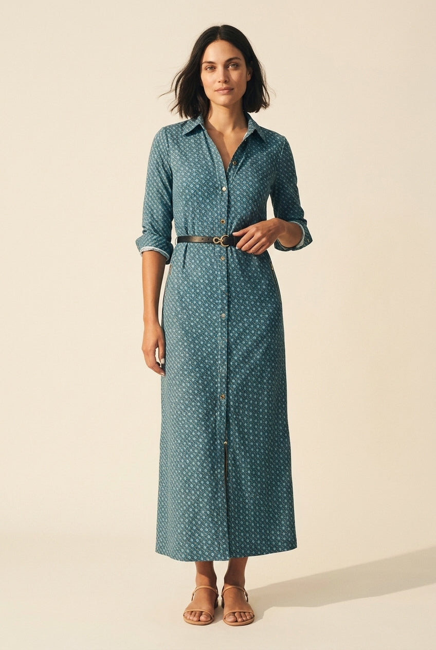Elegant Teal Aqua Chain Print Maxi Dress | Flowy Women's Gown — Dark Bob