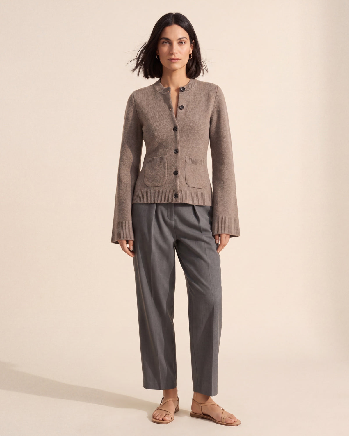 Elegant Brown Organic Cotton Merino Wool Cardigan Sweater — Dark Bob